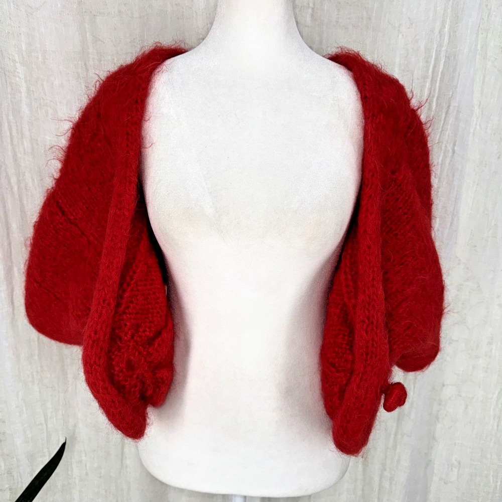 Vtg Red Hand Knit Mohair Shrug L Romantic Indie Twee Fuzzy Cozy Chunky Cardigan - Picture 6 of 7
